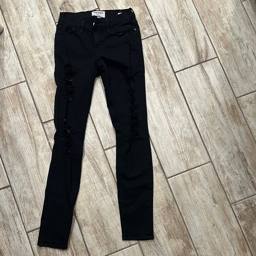FRAME Black Distressed Skinny Jeans